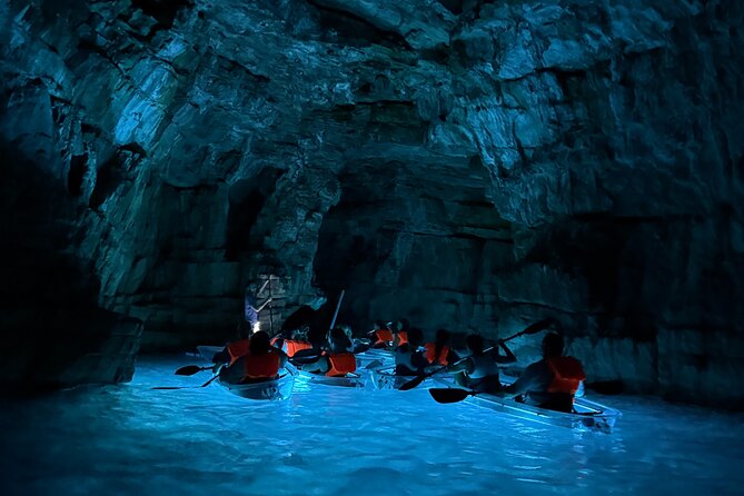 Pula: Sunset/Night-time Illuminated Transparent Kayak Tour - Paddling out while the sun sets